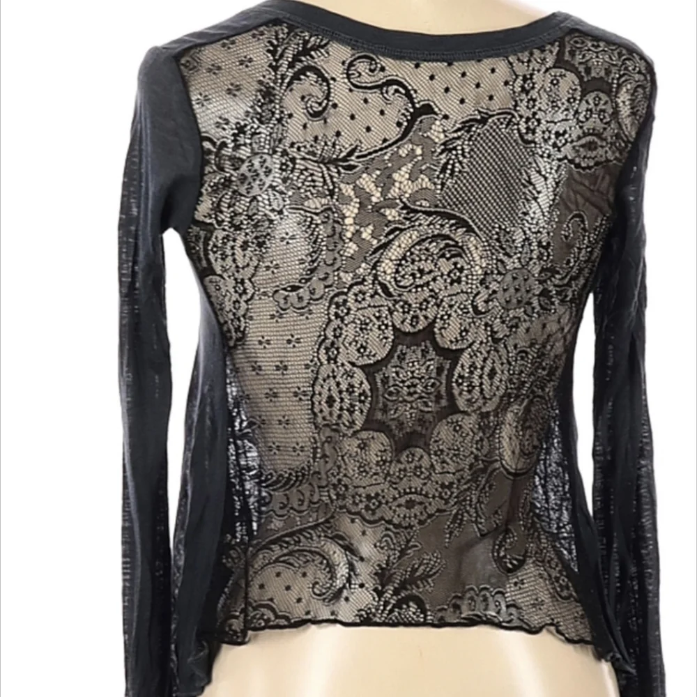 Sheer Lace Modal Knit Long Sleeve Top Blue Life XS